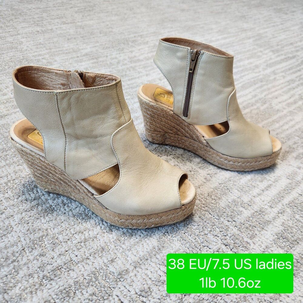 KANNA women's platform wedge espadrille leather sandals beige size 38 EU/7.5 US